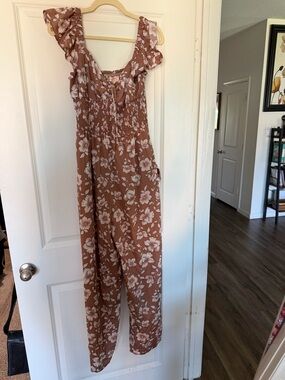 Floral Brown Smocked Jumpsuit with pockets